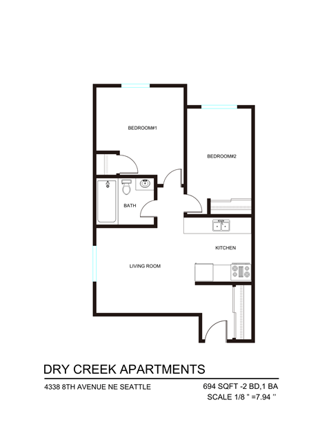 Floor plan for 2 beds, 1 bath, 694 sqft